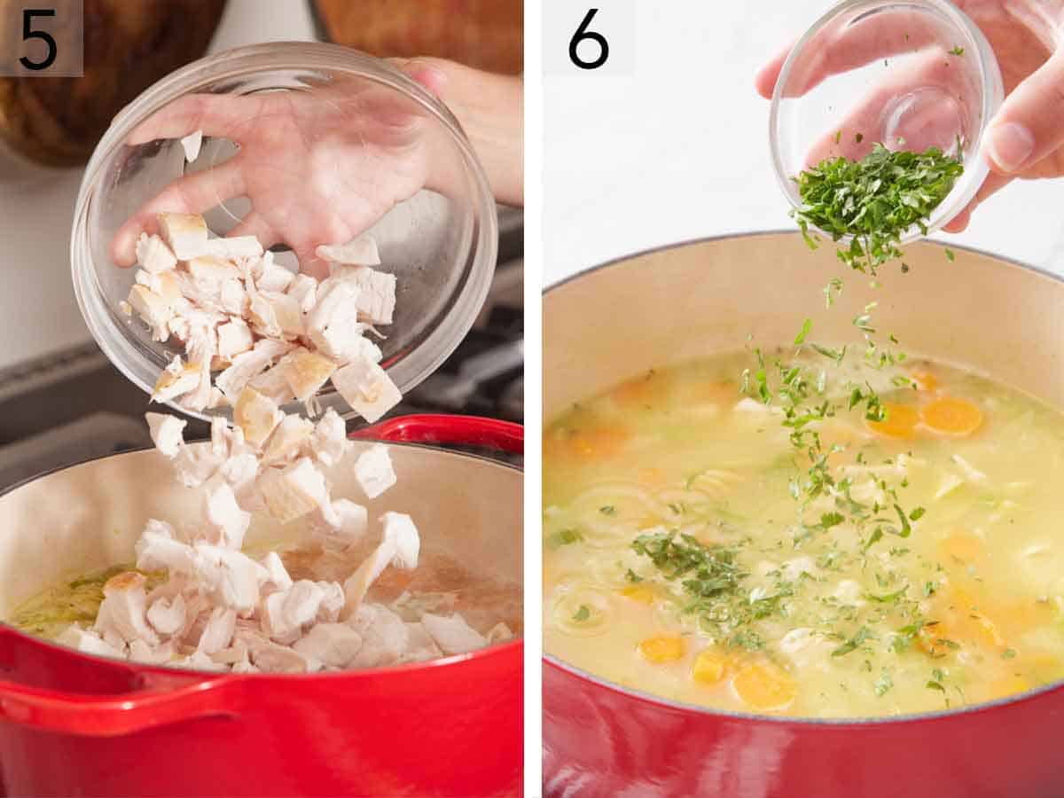 Set of two photo showing turkey and parsley added to the pot.