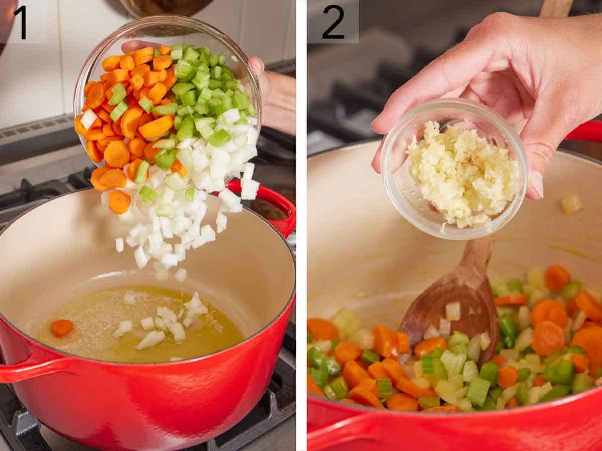 Set of two photo showing onions, carrots, celery, and garlic added to the pot.