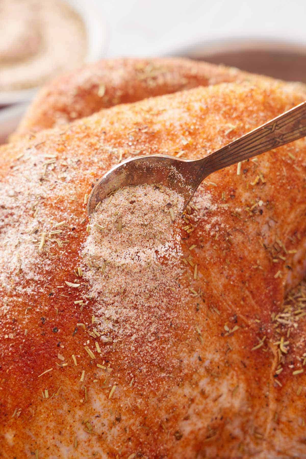 A spoonful of turkey seasoning poured over a turkey.