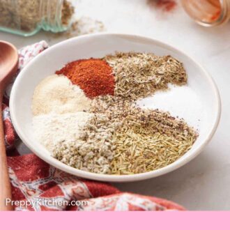 Pinterest graphic of a bowl of turkey seasoning with each seasoning separated.