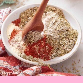 Pinterest graphic of turkey seasoning being stirred in a bowl.