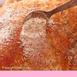 Pinterest graphic of a spoonful of turkey seasoning poured over a turkey.