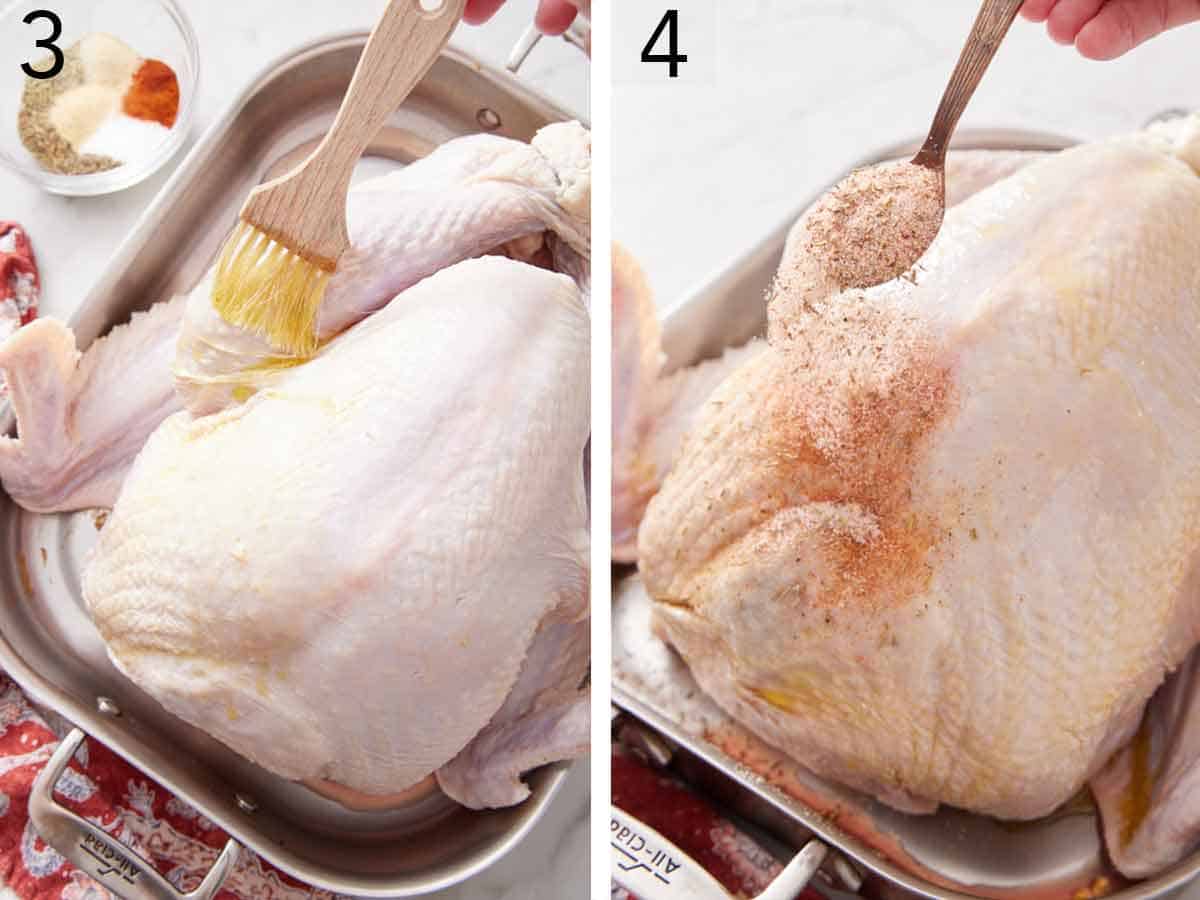 Set of two photos a turkey brushed with oil and seasoning sprinkled on top.