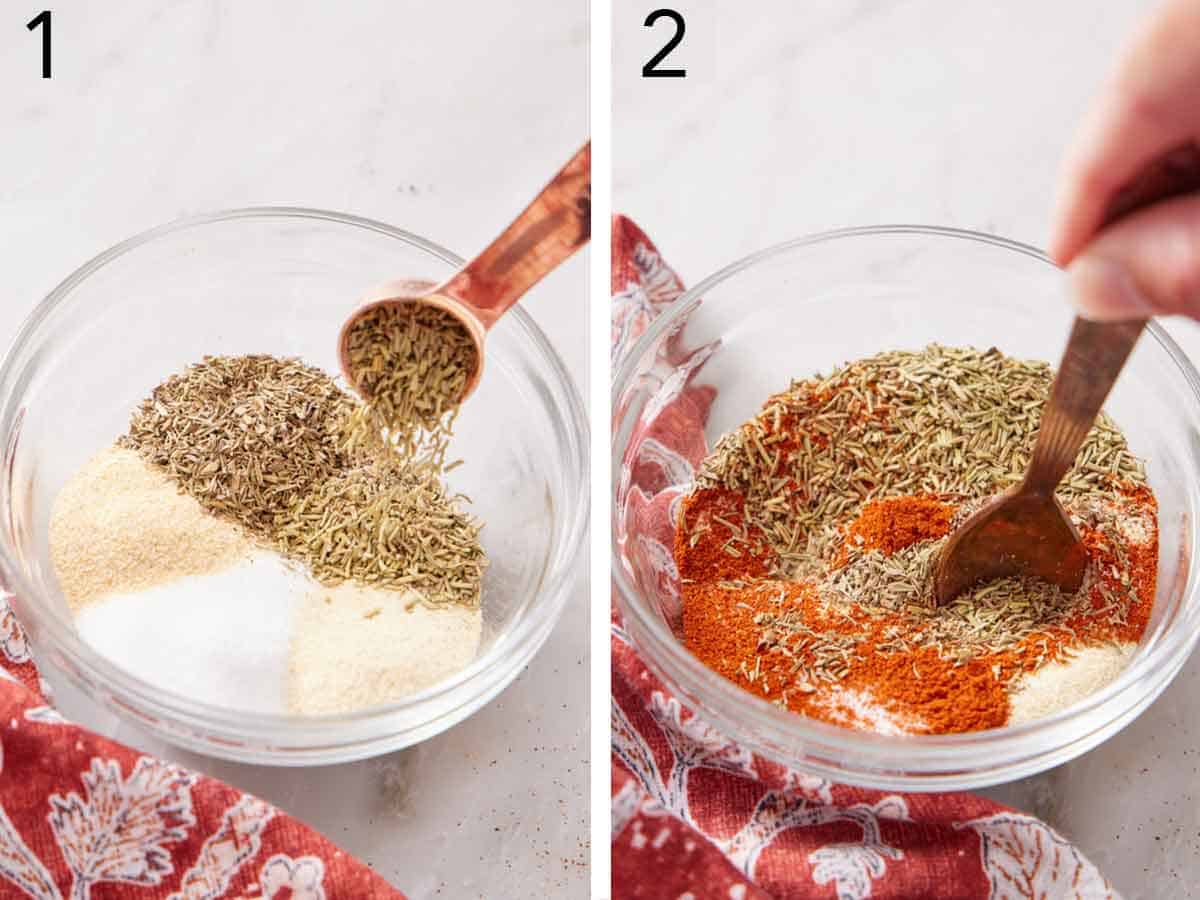 Set of two photos seasoning added to a bowl and stirred.