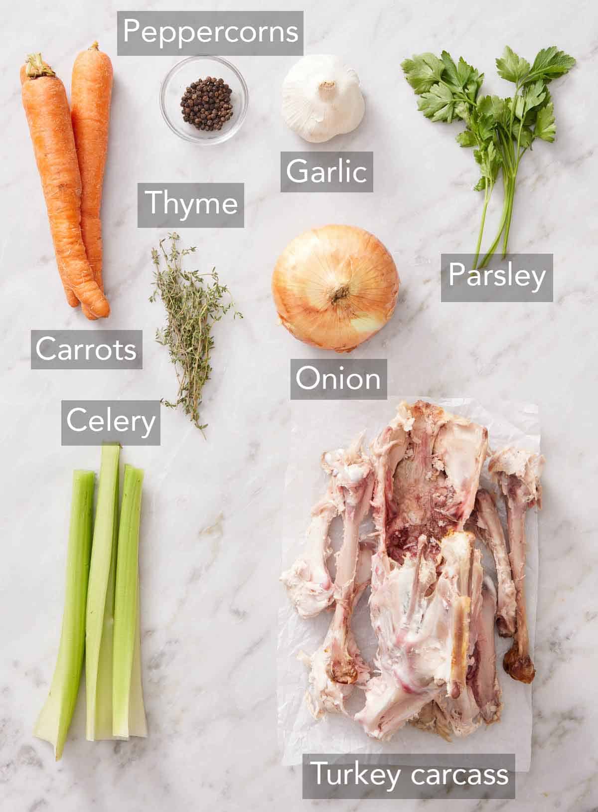 Ingredients needed to make turkey stock.