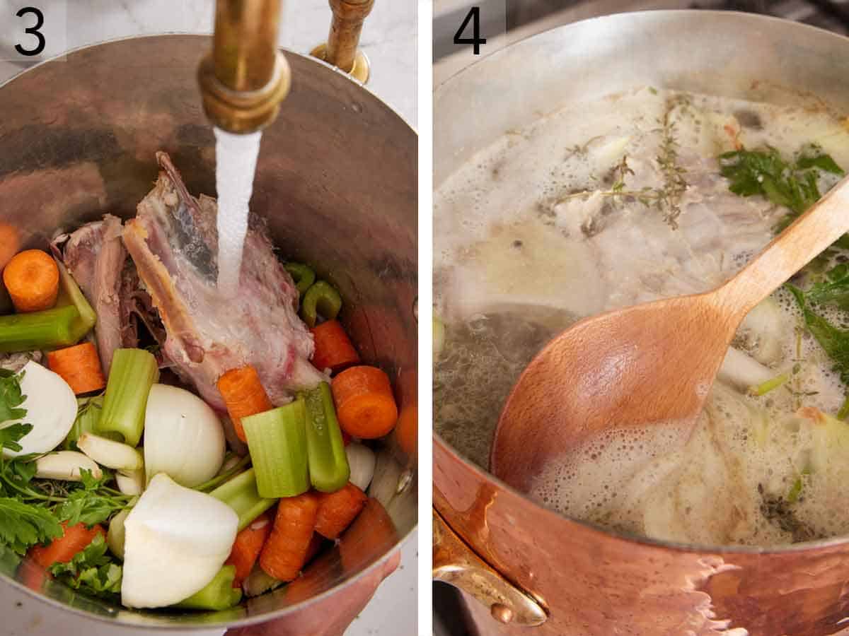 Set of two photos showing water added to the pot and simmered while the scum is skimmed.