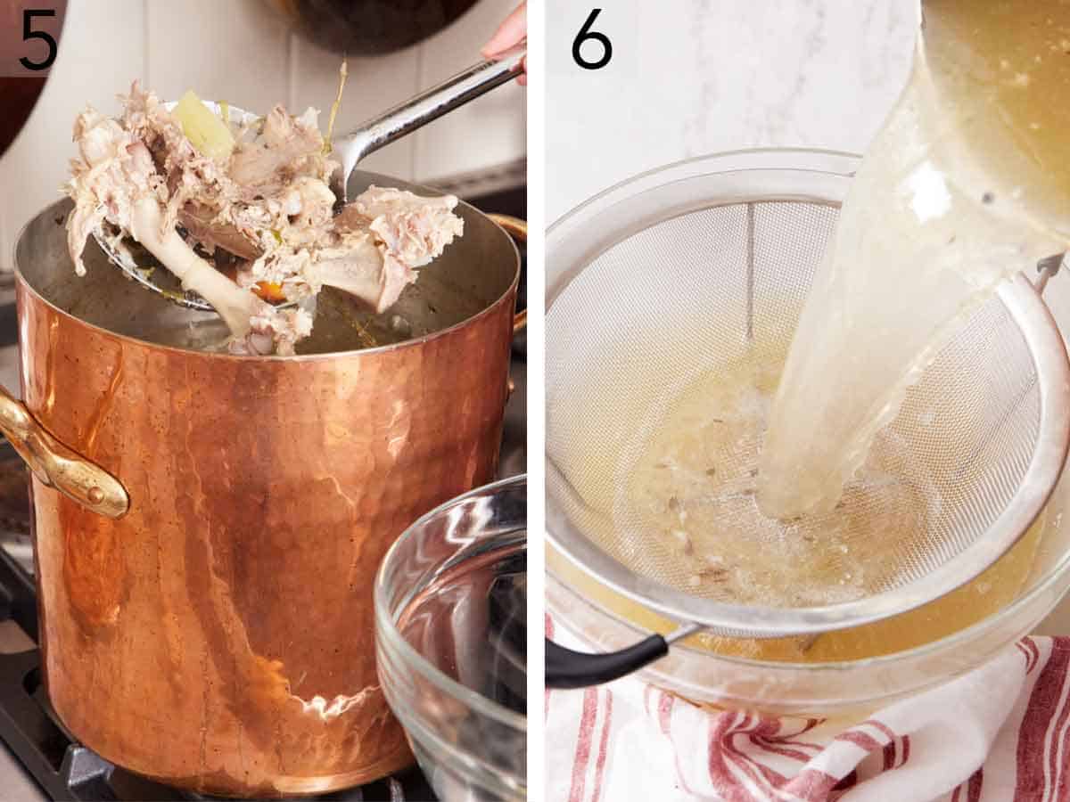 Set of two photos showing bones scooped out of the pot and the liquid strained into a bowl.