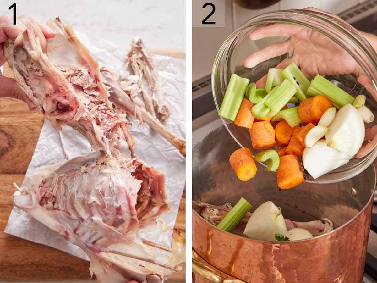 Set of two photos showing a turkey carcass broken down and aromatics added to a pot.