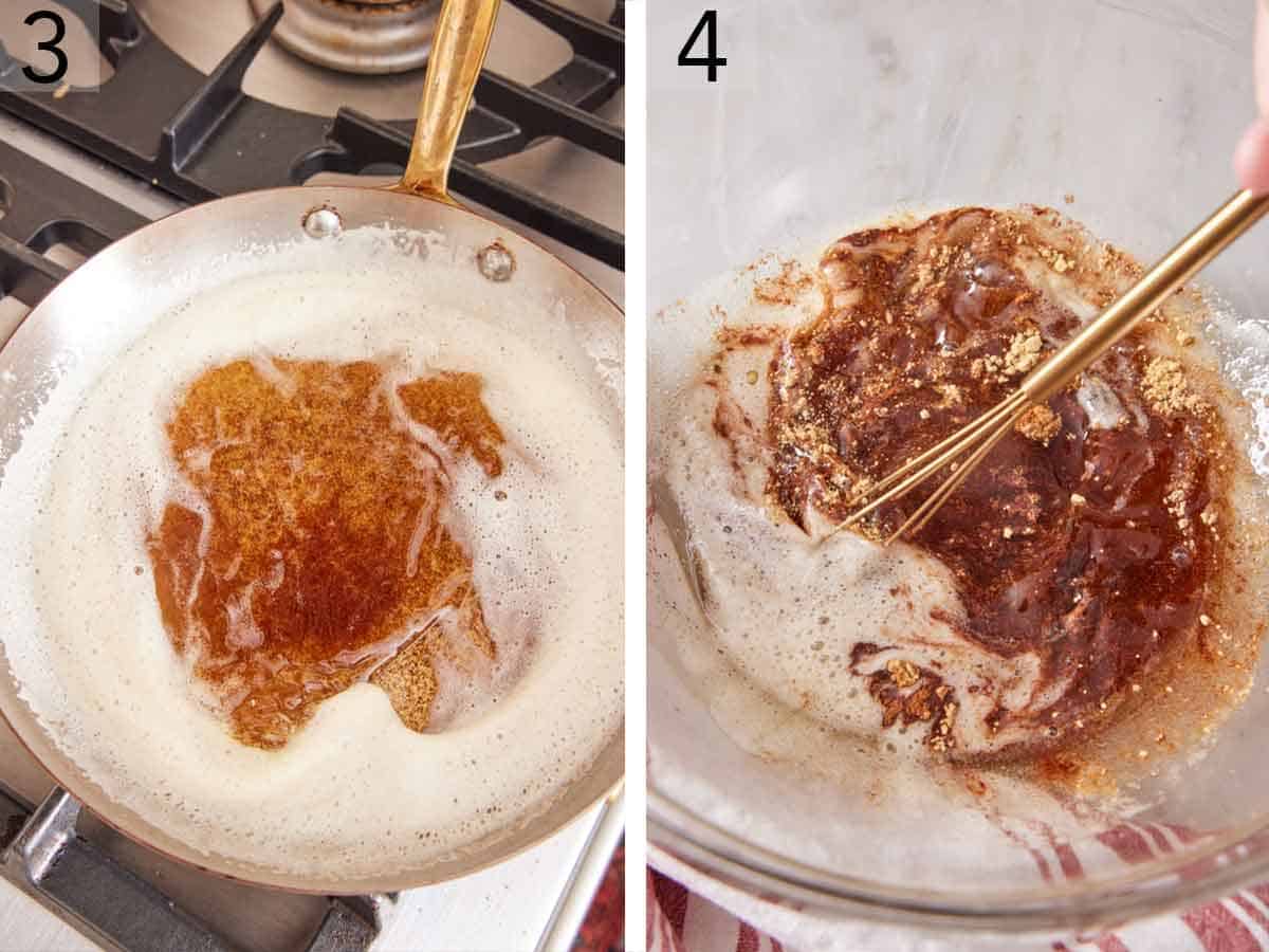 Set of two photos showing butter being browned in a skillet and spices whisked in.