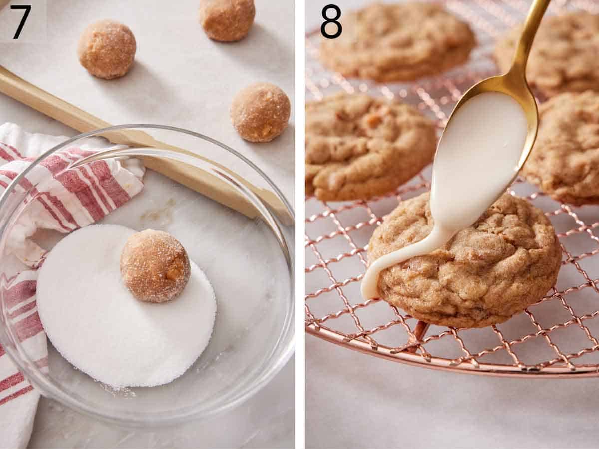 Set of two photos showing cookie dough balls rolled in sugar then icing spooned over baked cookies on a cooling rack.