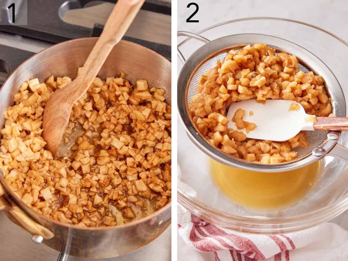 Set of two photos showing diced apples cooked with apple juice and strained.