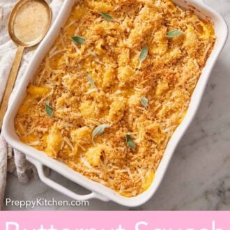 Pinterest graphic of an overhead view of a baking dish of butternut squash mac and cheese.