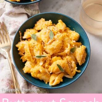 Pinterest graphic of a bowl of butternut squash mac and cheese with sage on top with a second bowl in the background.