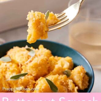 Pinterest graphic of a fork lifting up a bite of butternut squash mac and cheese.