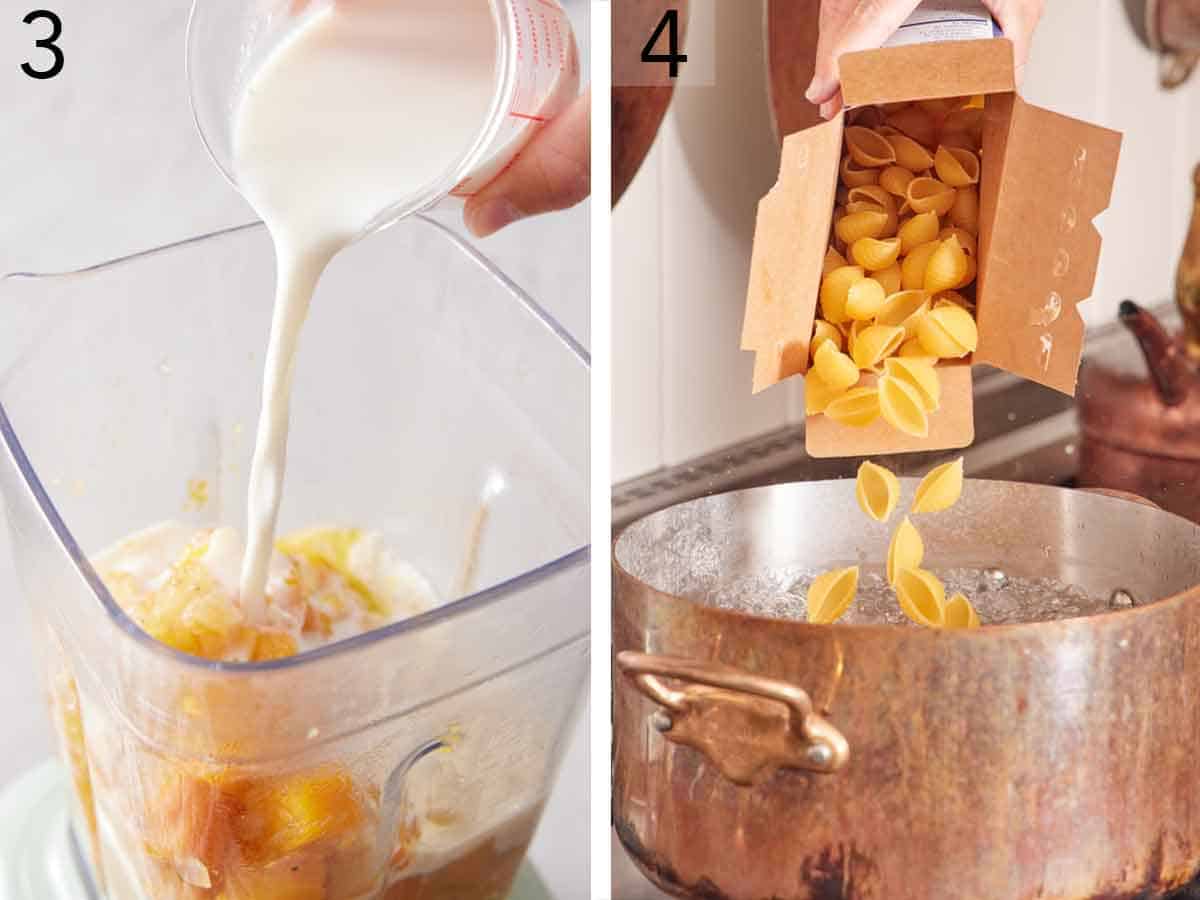 Set of two photos showing milk poured into a blender and pasta poured into a pot of water.