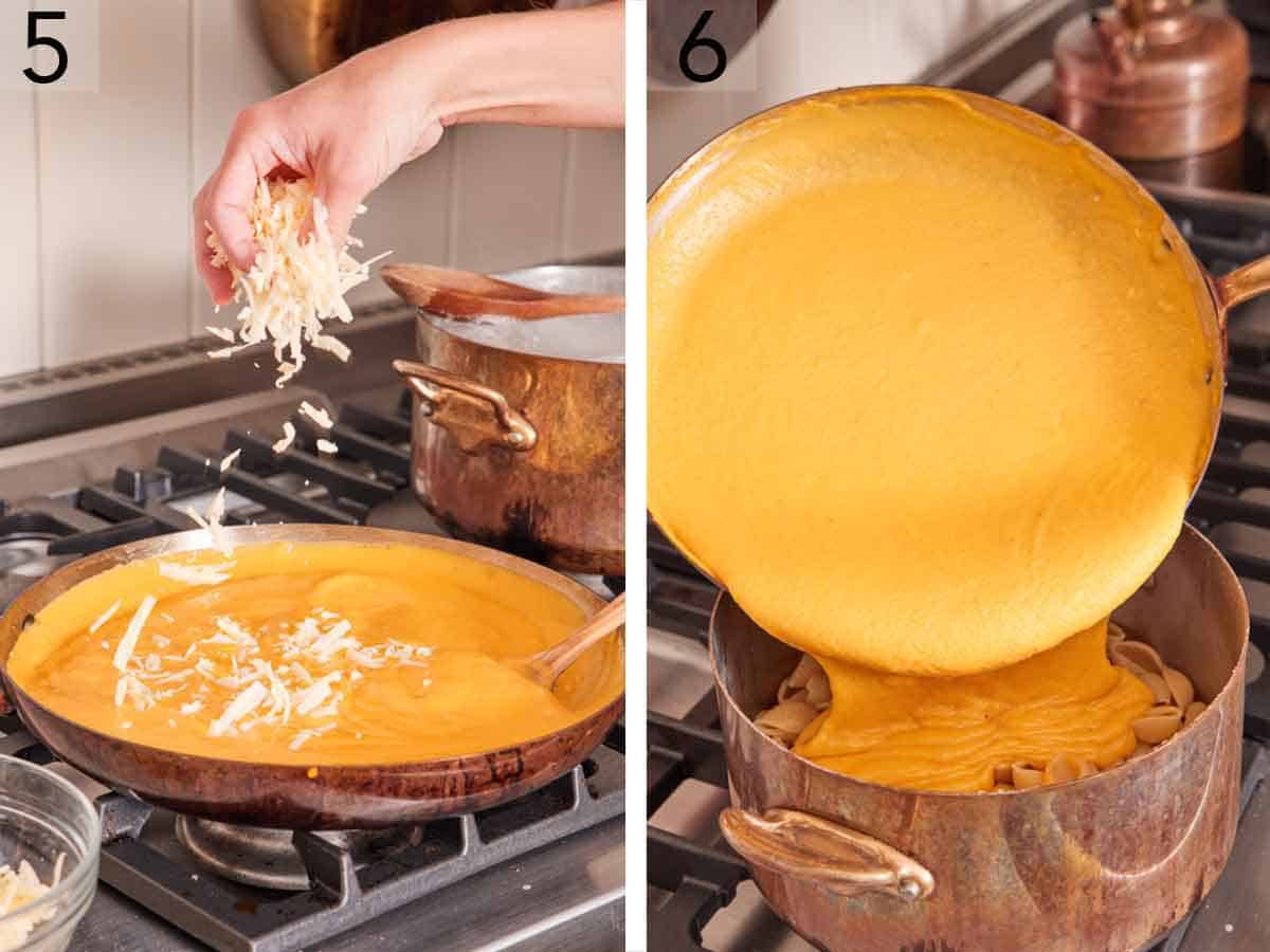 Set of two photos showing cheese added to the blended sauce then sauce poured over the cooked pasta.