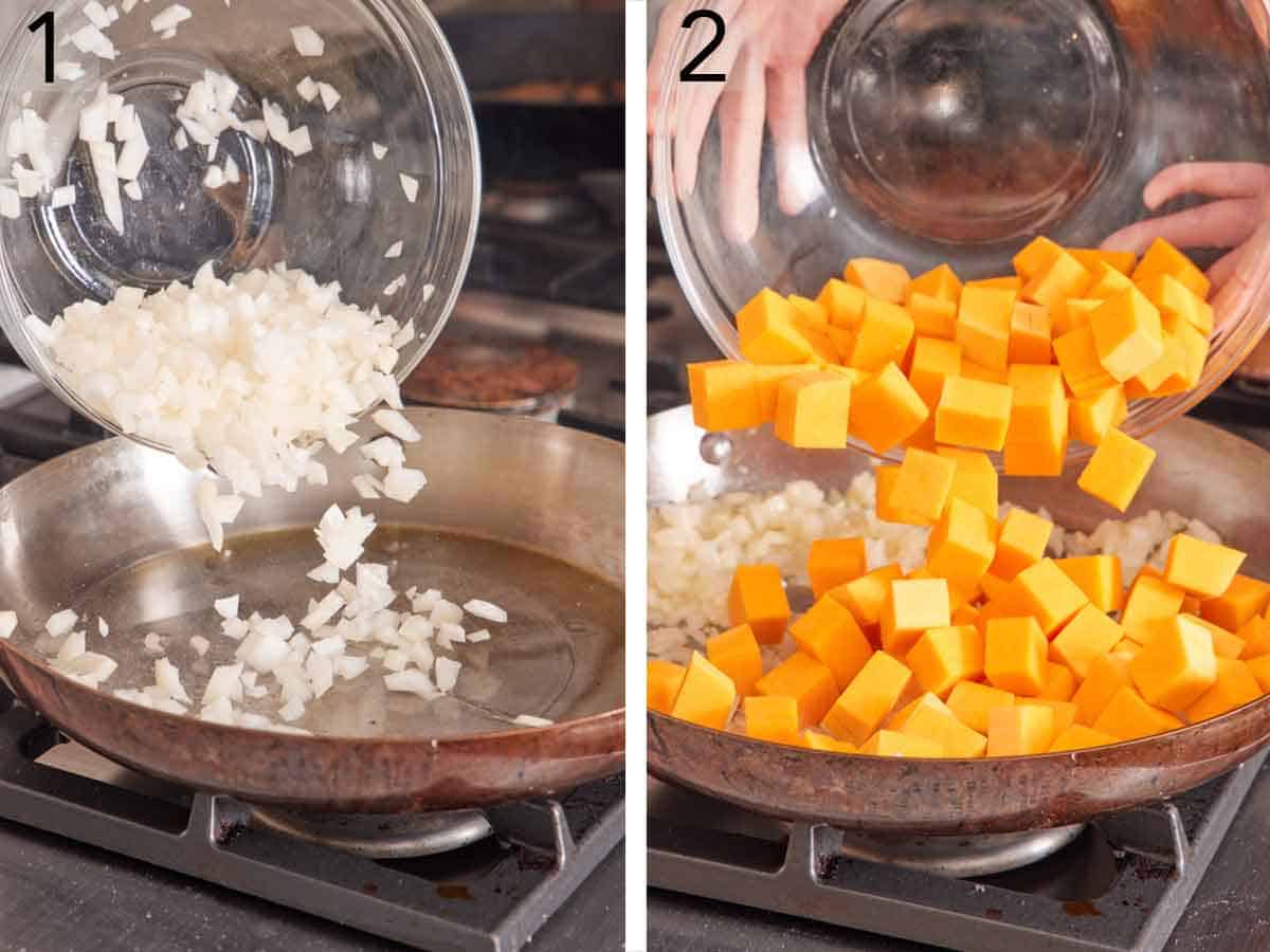 Set of two photos showing diced onions and butternut squash added to a skillet.