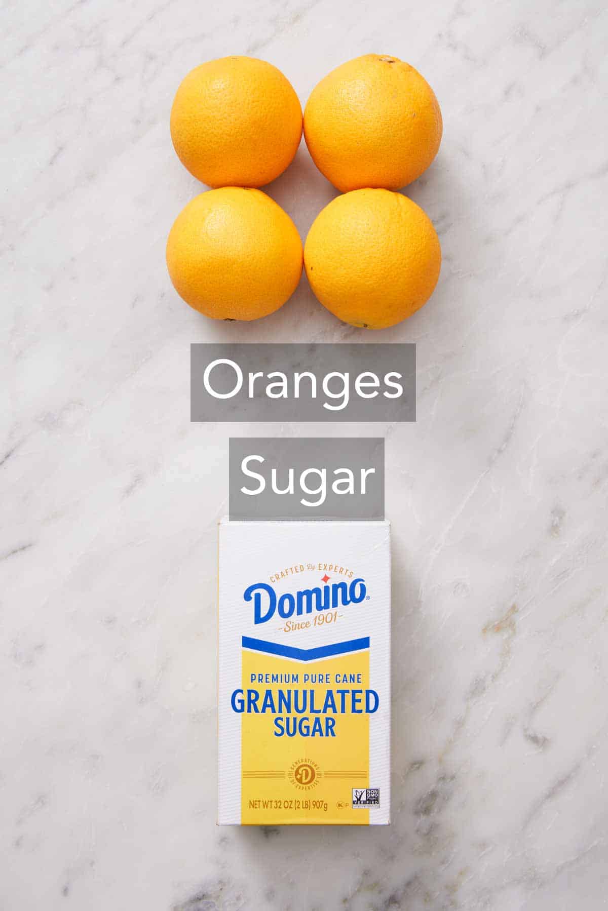 Ingredients needed to make candied orange peel.