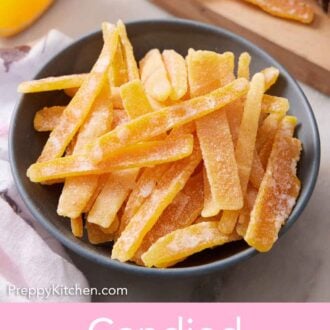 Pinterest graphic of a bowl of candied orange peels.