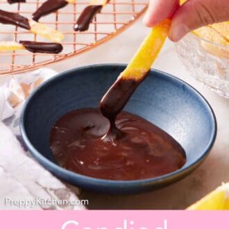 Pinterest graphic of candied orange peel dipped into a bowl of melted chocolate.