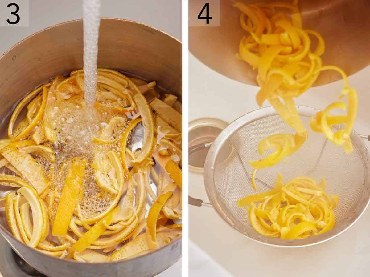 Set of two photos showing water added to a pot of orange peels then strained.