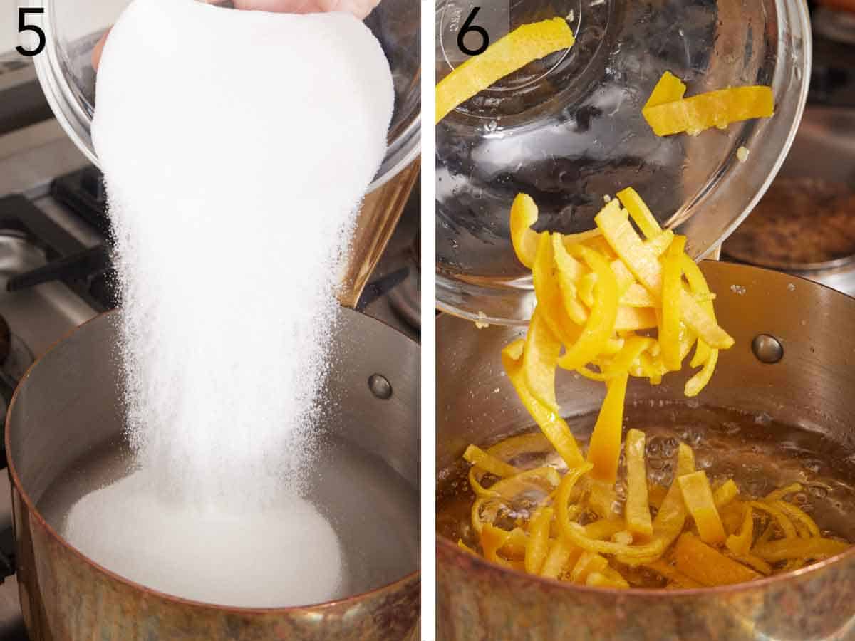 Set of two photos showing sugar added to a pot of water and orange peels added.