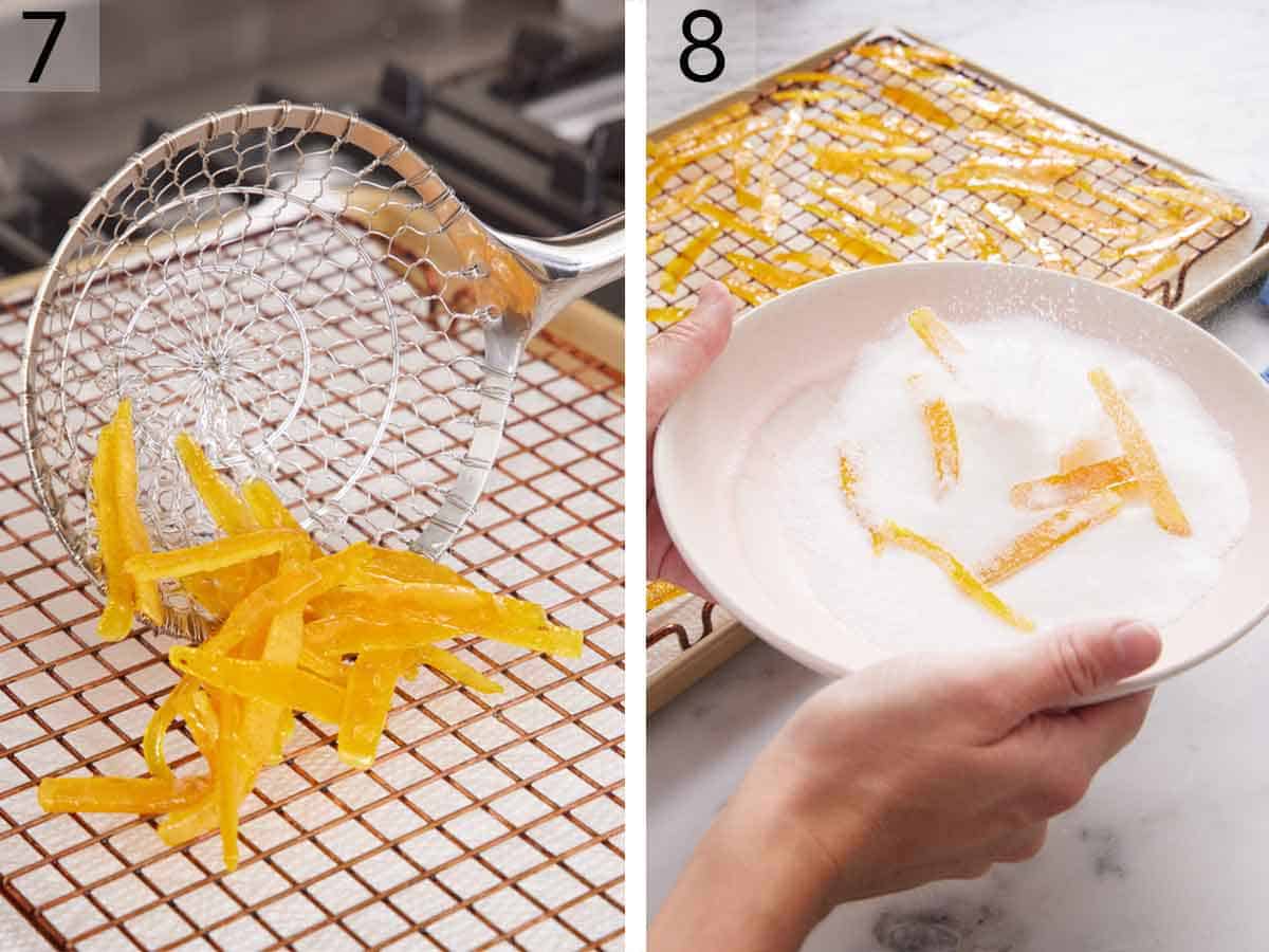 Set of two photos showing orange peels scooped out onto a cooling rack and tossed in a bowl of sugar.