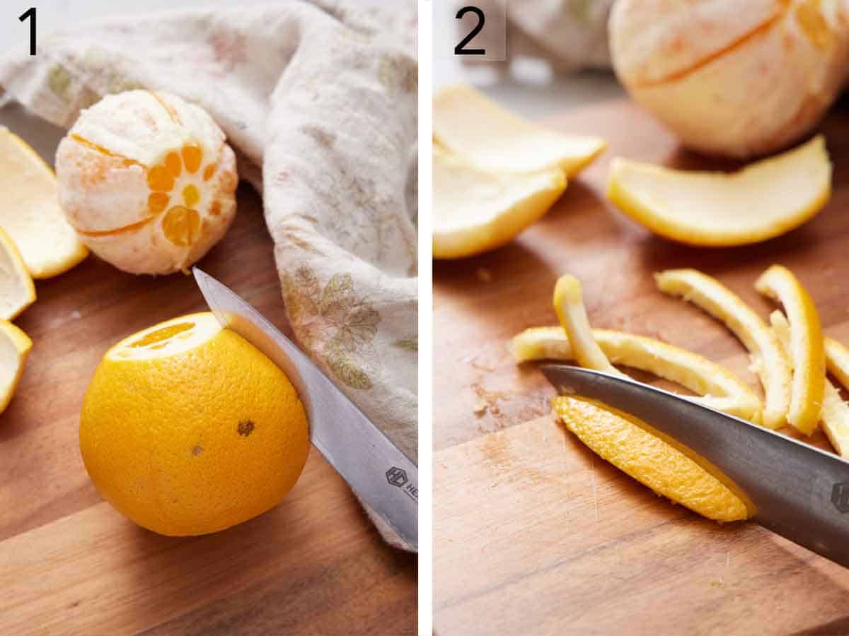 Set of two photos showing an orange cut and the peel sliced.