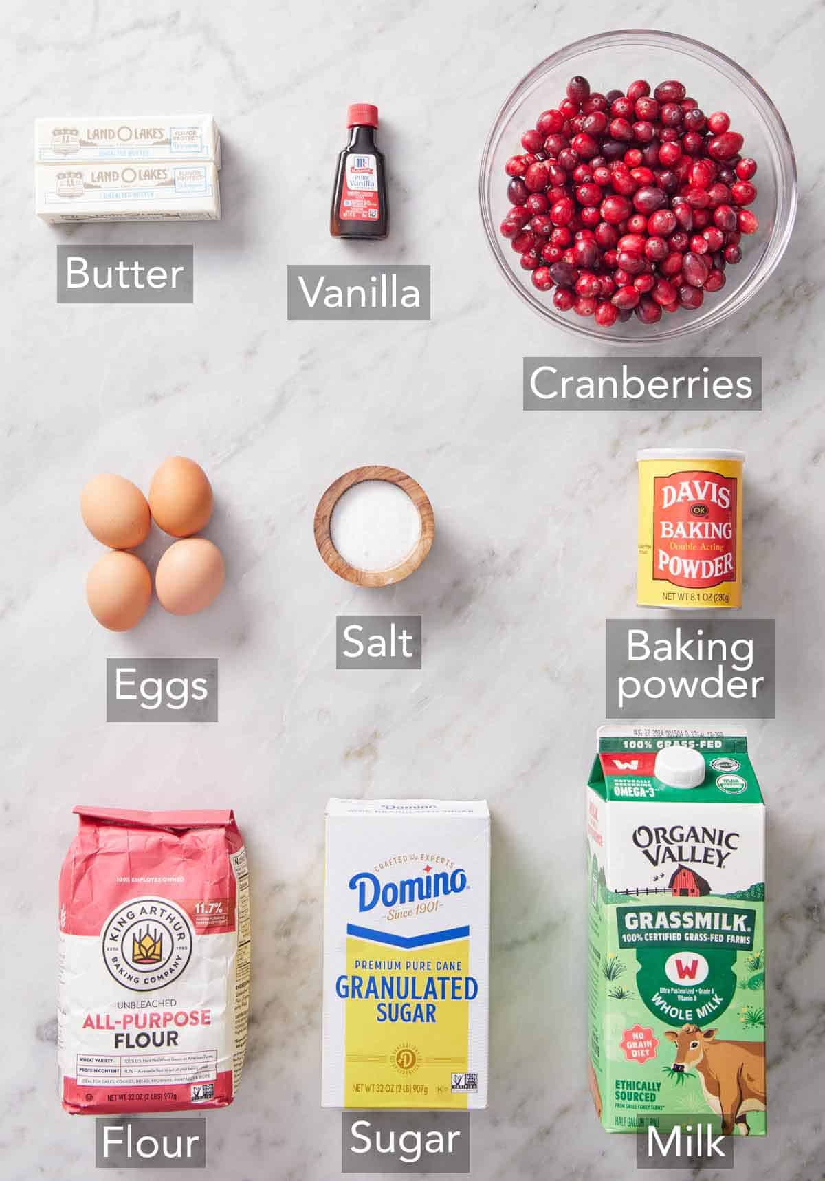 Ingredients needed to make cranberry cake.