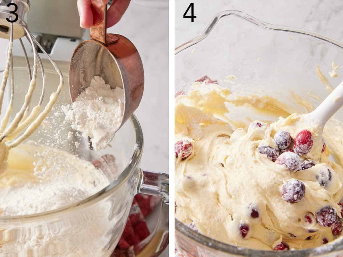 Set of two photos showing flour added to the mixer and cranberries folded into the batter.