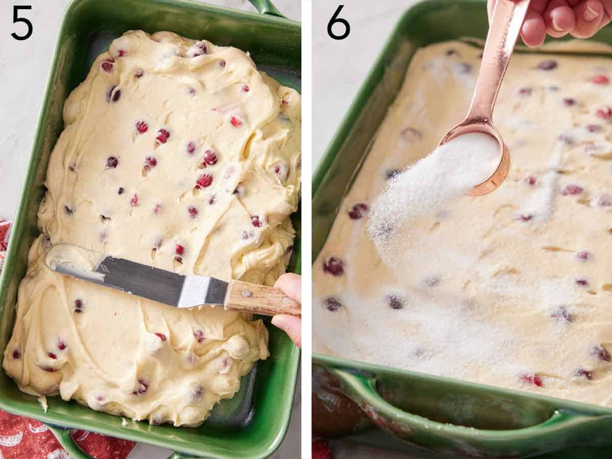 Set of two photos showing batter spread in a baking dish and sugar sprinkled on top.