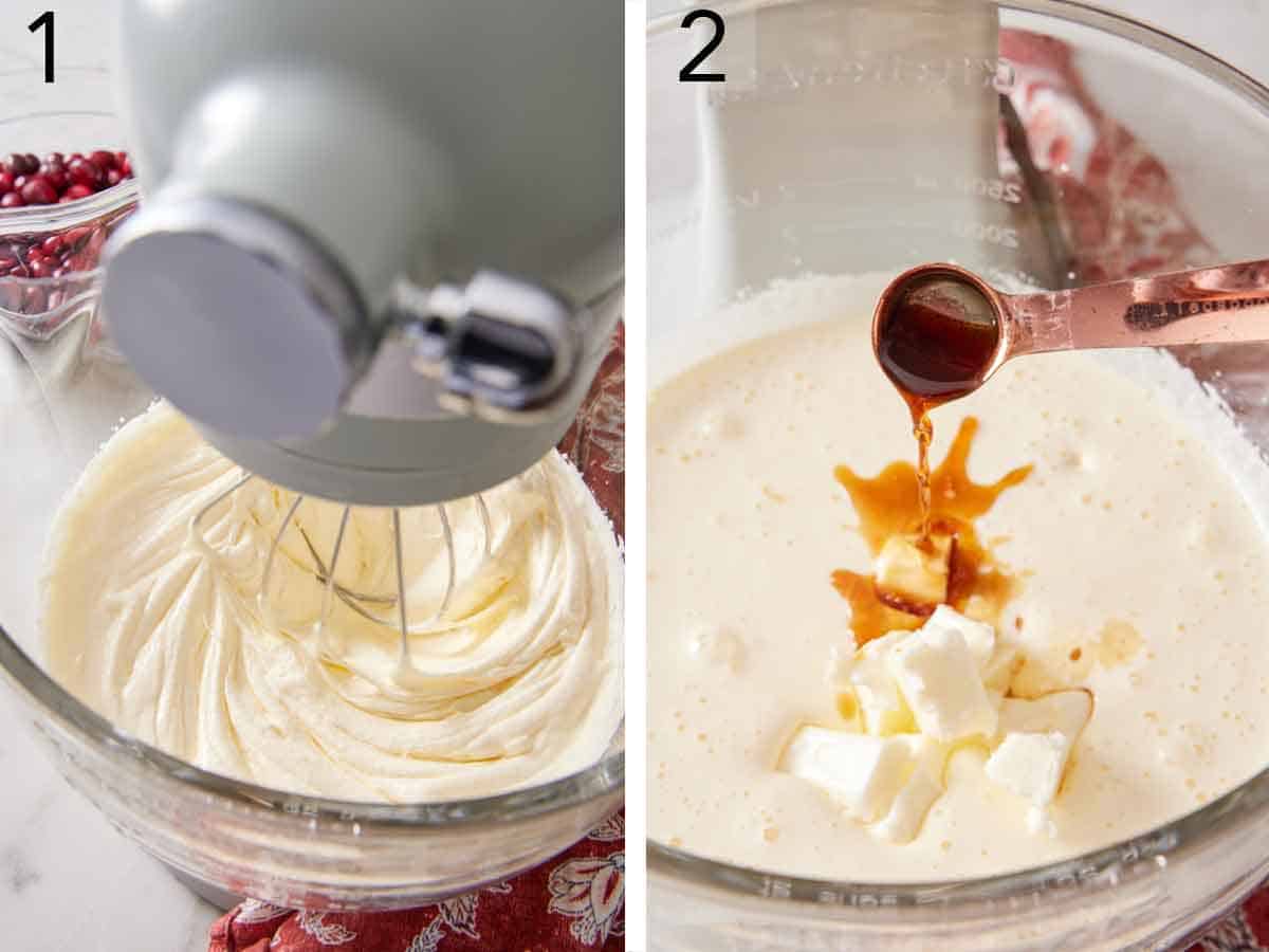 Set of two photos showing eggs and sugar beat together and vanilla extract added.