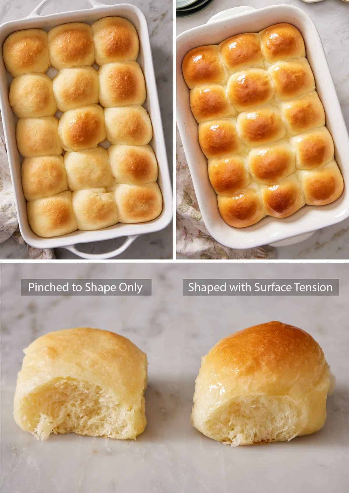 Set of three photos showing dinner rolls pinched to shape only and shaped with surface tension.