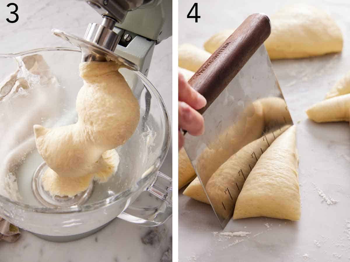 Set of two photos showing dough coming together in the mixer and then cut with a bench scraper.