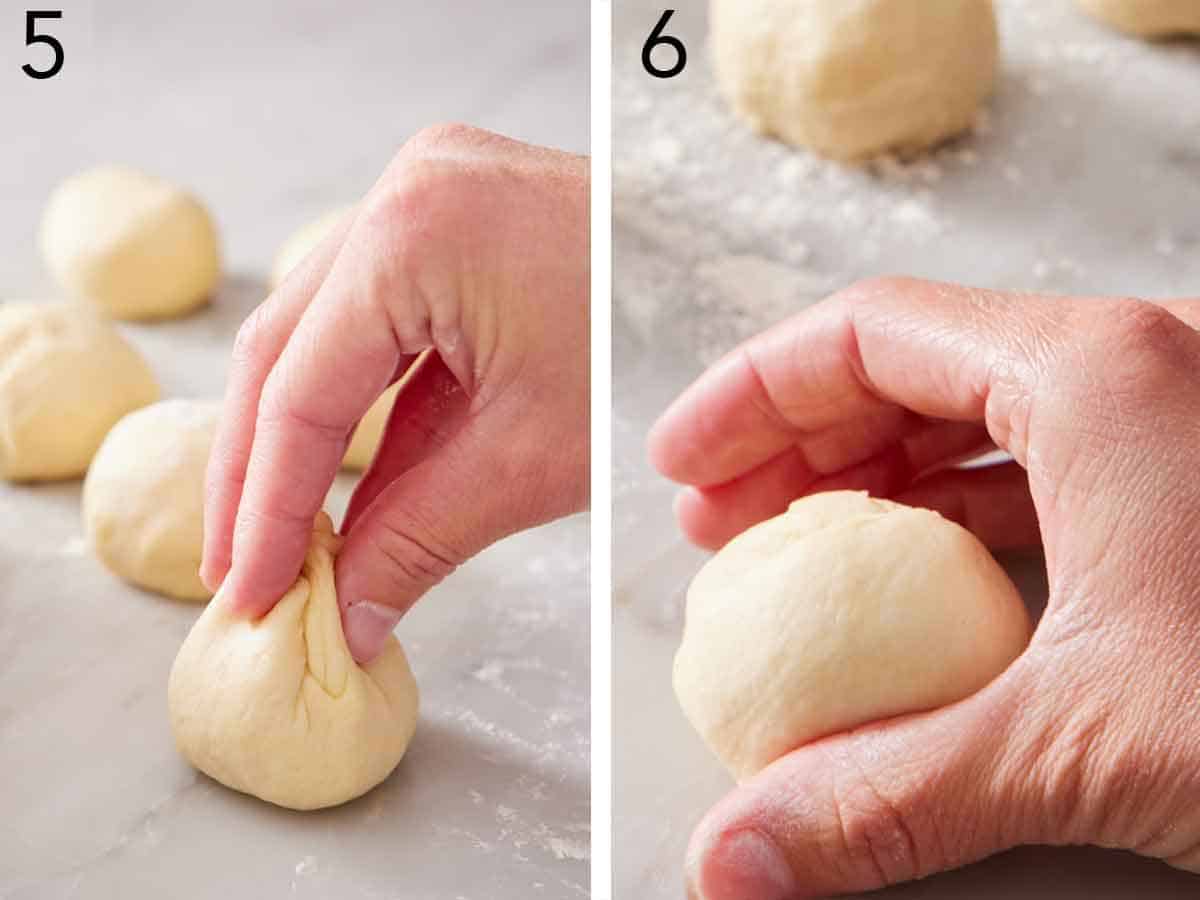 Set of two photos showing dough pinched and rolled.