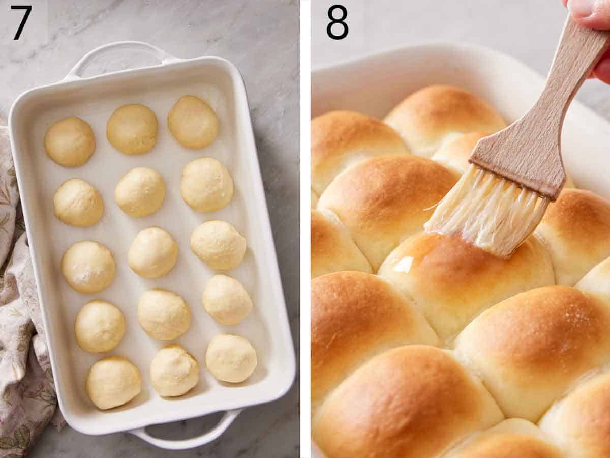 Set of two photos showing dough balls placed in a baking dish and the baked dinner rolls brushed with melted butter.