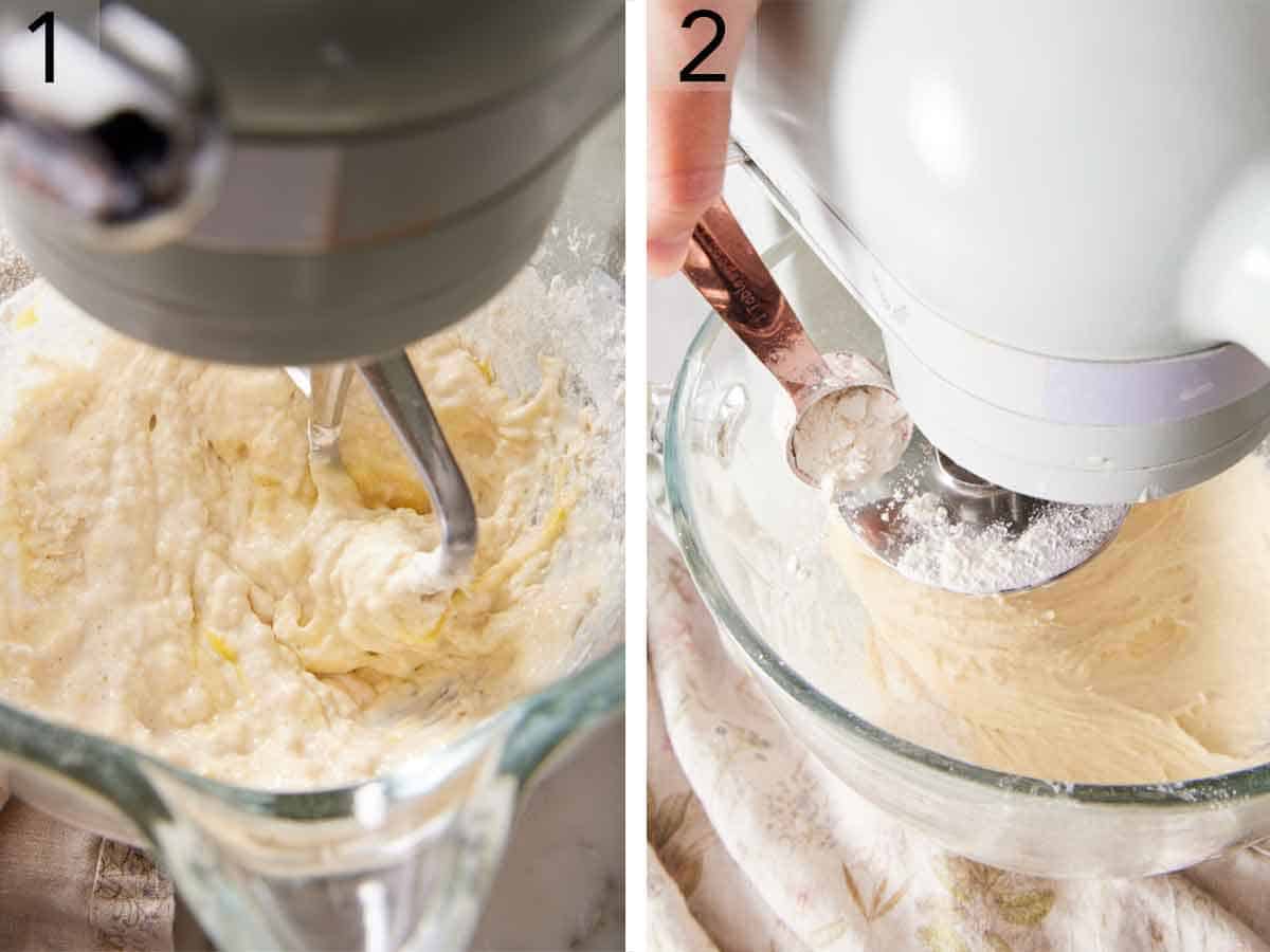 Set of two photos showing dough ingredients added to a mixer and mixed.