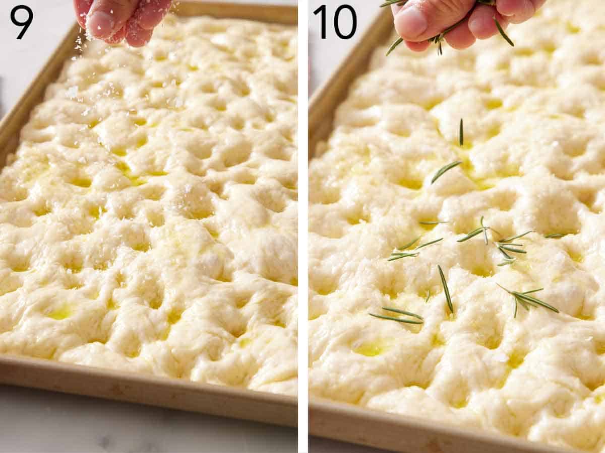 Set of two photos showing flaky salt and rosemary sprinkled over the dimpled dough.