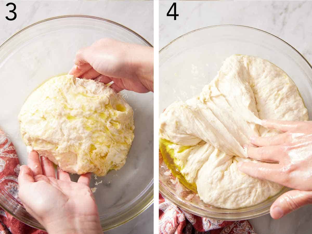 Set of two photos showing dough with oil in a bowl getting folded.