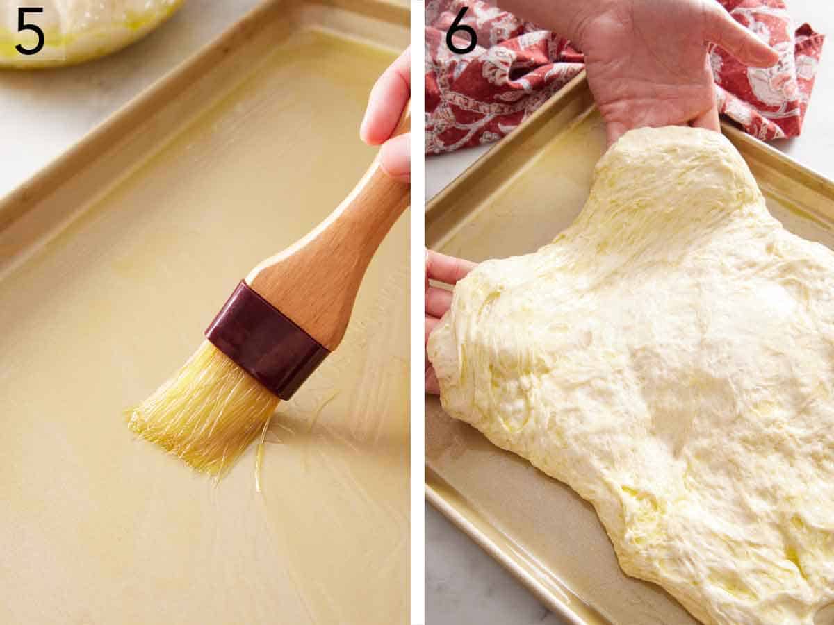 Set of two photos showing oil brushed onto a sheet pan and dough spread over the sheet pan.