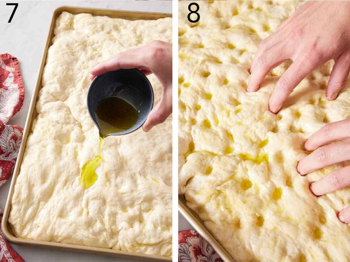 Set of two photos showing oil poured over the risen dough in the sheet pan and fingers dimpling the dough.