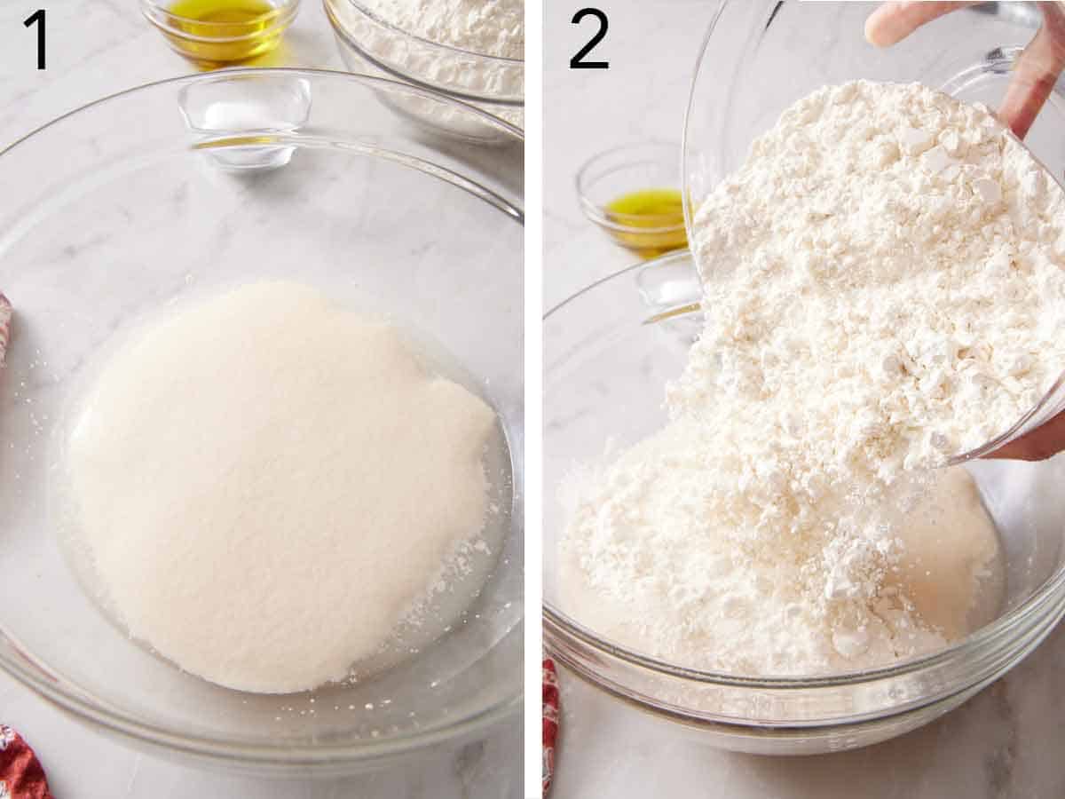 Set of two photos showing yeast added to water and flour poured on top.