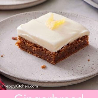 Pinterest graphic of a slice of gingerbread bars topped with candied ginger.