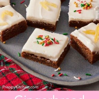 Pinterest graphic of a platter of gingerbread bars with some topped with sprinkles and some topped with candied ginger.