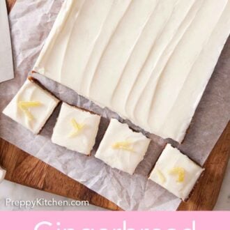 Pinterest graphic of an overhead view of a slab of gingerbread bars with four pieces cut and topped with candied ginger.