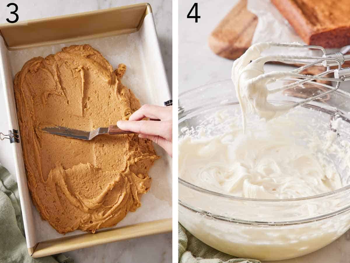 Set of two photos showing batter spread in a lined baking dish and frosting beaten in a bowl.