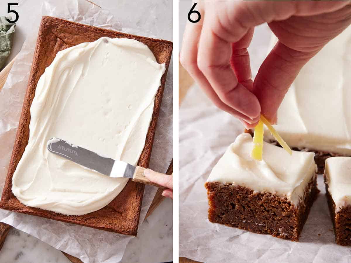 Set of two photos showing frosting spread over the baked gingerbread bar and then topped with candied ginger.