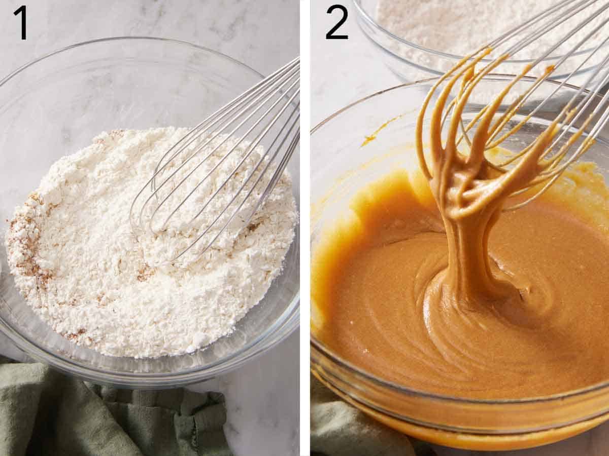 Set of two photos showing dry ingredients whisked together in one bowl and wet ingredients whisked in another.