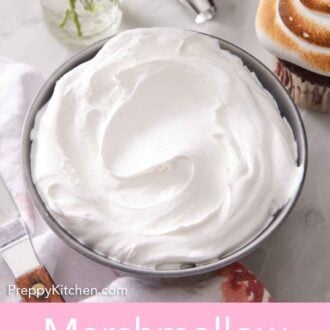 Pinterest graphic of a bowl of homemade marshmallow frosting.