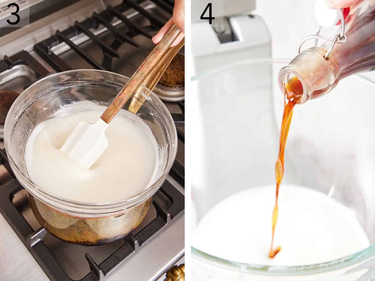 Set of two photos showing the mixture in a bowl placed over a pot of water and stirred then vanilla extract added.